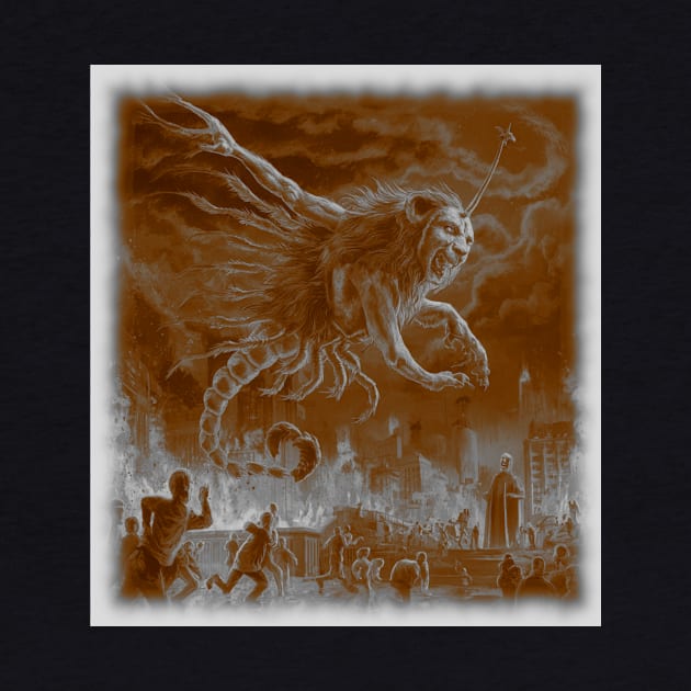 locust with lions head over burning city by Catbrat